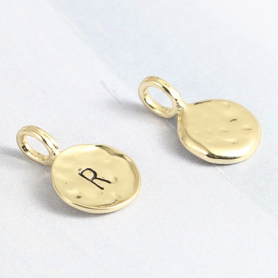 Bild von Zinklegierung Charms 16K Gold Rund Anfangsbuchstabe/ Großbuchstabe Message " R " Emaille 17mm x 11mm, 20 Stück
