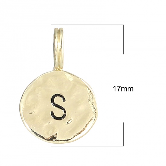 Bild von Zinklegierung Charms 16K Gold Rund Anfangsbuchstabe/ Großbuchstabe Message " S " Emaille 17mm x 11mm, 20 Stück