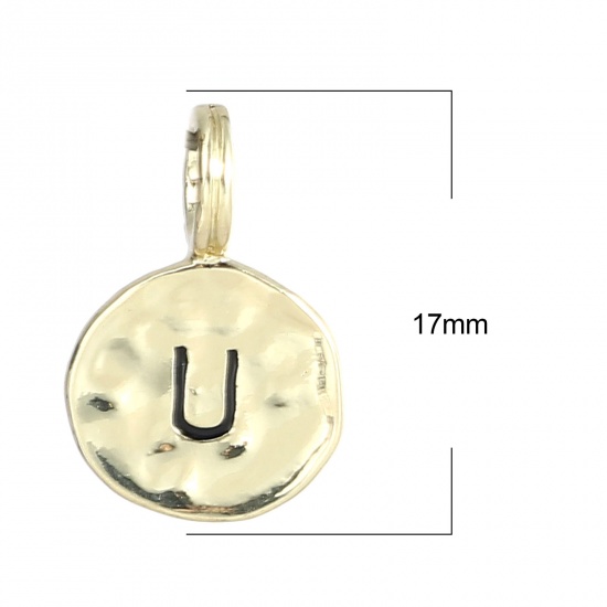 Bild von Zinklegierung Charms 16K Gold Rund Anfangsbuchstabe/ Großbuchstabe Message " U " Emaille 17mm x 11mm, 20 Stück
