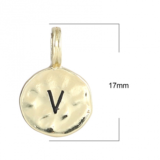 Bild von Zinklegierung Charms 16K Gold Rund Anfangsbuchstabe/ Großbuchstabe Message " V " Emaille 17mm x 11mm, 20 Stück