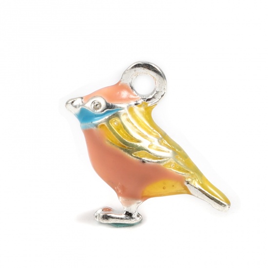 Immagine di Lega di Zinco Smailto Fiore Giardino Stile Charms Uccello Tono Argento Multicolore Smalto 17mm x 14mm , 5 Pz