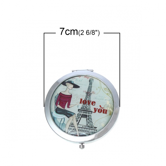 Picture of Make Up Pocket Mirror Cosmetic Round Foldable Silver Tone At Random Eiffel Tower Pattern 7.6cm(3") x 7cm(2 6/8"), 1 Piece