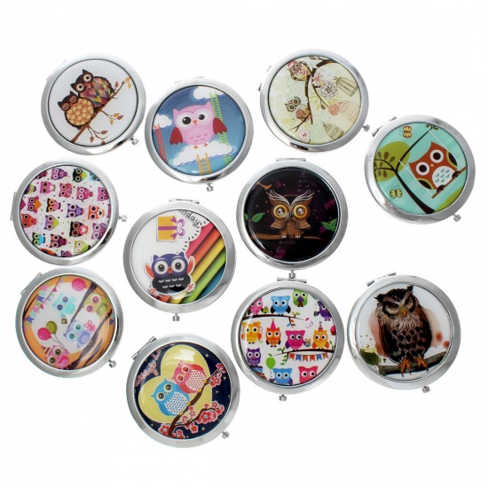 Picture of Make Up Pocket Mirror Cosmetic Round Foldable Silver Tone At Random Owl Pattern 7.6cm(3") x 7cm(2 6/8"), 1 Piece