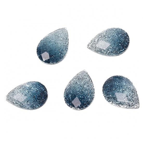 Image de Cabochon Dôme en Résine Goutte d'eau Bleu Gris Brillant à Facettes 14mm x 10mm, 50 Pcs