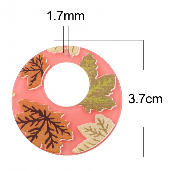 Picture of Resin Pendants Round Maple Leaf Hot Pink 3.7cm Dia. 5 PCs