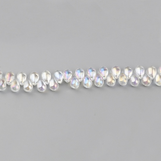Picture of Glass AB Rainbow Color Aurora Borealis Beads Drop Transparent Clear Color Plated About 9mm x 6mm, Hole: Approx 1mm, 100 PCs