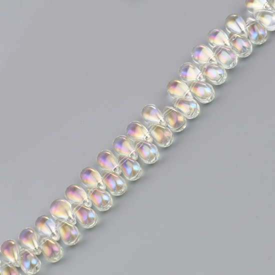 Picture of Glass AB Rainbow Color Aurora Borealis Beads Drop Pale Yellow Color Plated About 9mm x 6mm, Hole: Approx 1mm, 100 PCs