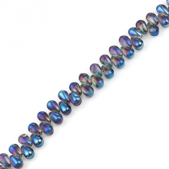 Picture of Glass AB Rainbow Color Aurora Borealis Beads Drop Blue Violet Color Plated About 9mm x 6mm, Hole: Approx 1mm, 100 PCs