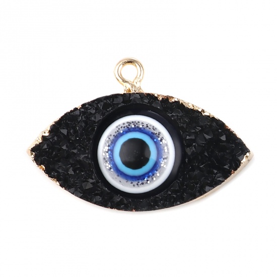 Picture of Zinc Based Alloy & Resin Religious Pendants Marquise Evil Eye Gold Plated Black Glitter 3cm x 2cm, 3 PCs