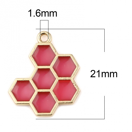 亜鉛合金 チャーム 蜂の巣 金メッキ 赤 エナメル 21mm x 17mm、 5 個 の画像