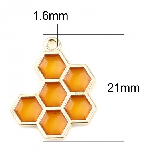 亜鉛合金 チャーム 蜂の巣 金メッキ 黄色 エナメル 21mm x 17mm、 5 個 の画像