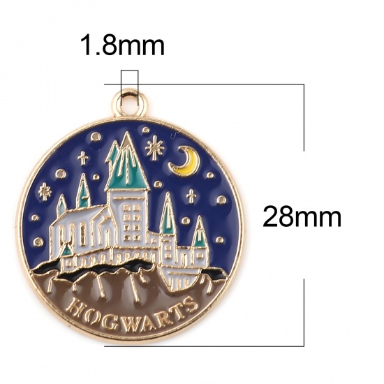Picture of Zinc Based Alloy Fairy Tale Collection Charms Round Gold Plated Black Castle Enamel 28mm x 25mm, 5 PCs