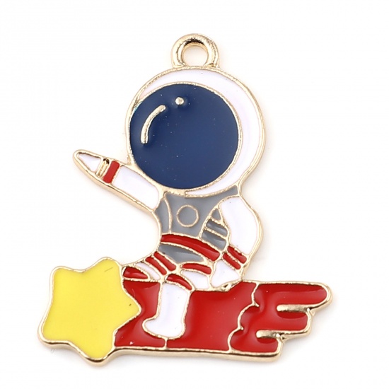 Picture of Zinc Based Alloy Galaxy Charms Astronaut Spaceman Gold Plated Multicolor Rocket Enamel 29mm x 25mm, 3 PCs