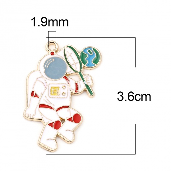 Picture of Zinc Based Alloy Galaxy Pendants Astronaut Spaceman Gold Plated White Enamel 3.6cm x 2.5cm, 3 PCs
