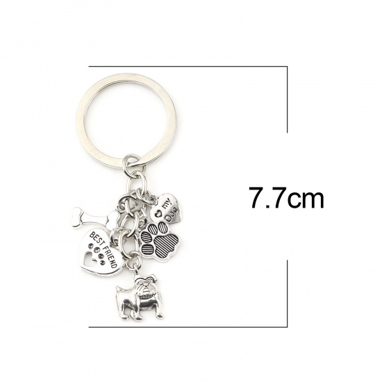 Picture of Zinc Based Alloy Pet Memorial Keychain & Keyring Antique Silver Color Bulldog Animal Heart 7.7cm long, 1 Piece