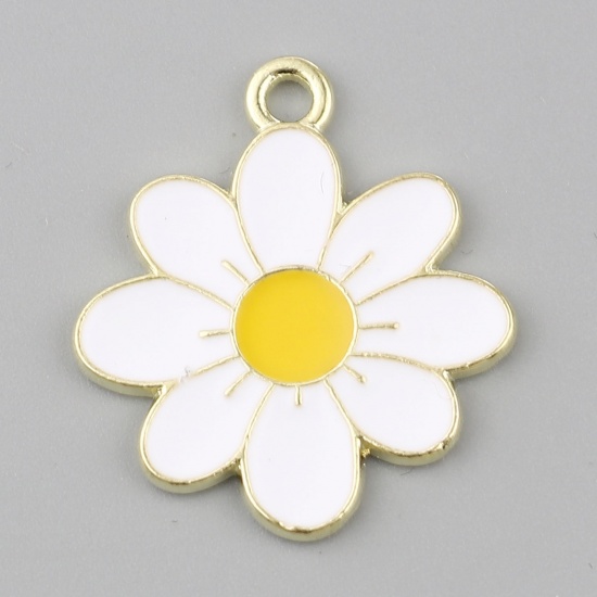 Bild von Zinklegierung Charms Vergoldet Weiß Blumen Emaille 23mm x 21mm, 20 Stück