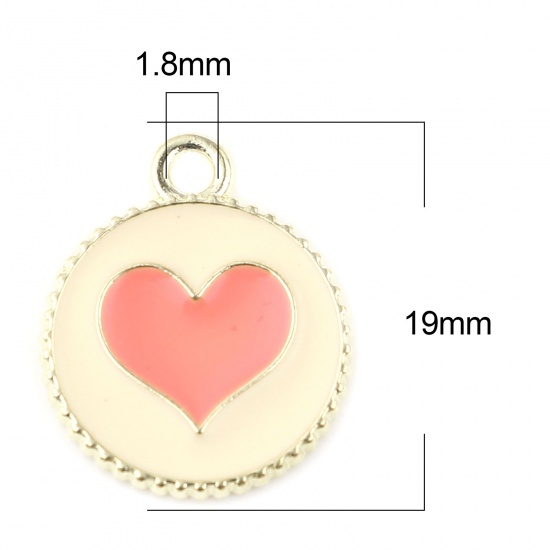 Picture of Zinc Based Alloy Valentine's Day Charms Round Gold Plated Hot Pink Heart Enamel 19mm x 16mm, 20 PCs