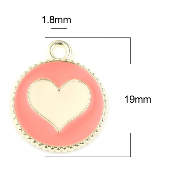 Picture of Zinc Based Alloy Valentine's Day Charms Round Gold Plated Hot Pink Heart Enamel 19mm x 16mm, 20 PCs