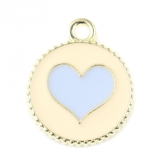 Picture of Zinc Based Alloy Valentine's Day Charms Round Gold Plated Blue Heart Enamel 19mm x 16mm, 20 PCs