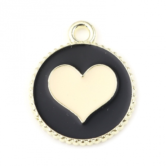 Picture of Zinc Based Alloy Valentine's Day Charms Round Gold Plated Black Heart Enamel 19mm x 16mm, 20 PCs