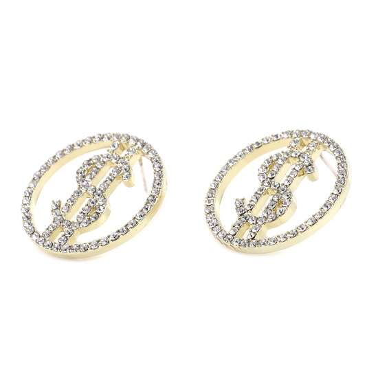 Immagine di Ear Post Stud Earrings Round Gold Plated Dollar Sign Clear Rhinestone 25mm Dia., Post/ Wire Size: (21 gauge), 4 PCs