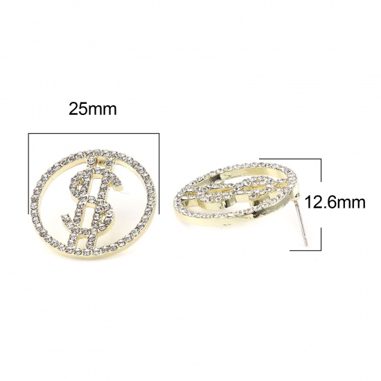 Immagine di Ear Post Stud Earrings Round Gold Plated Dollar Sign Clear Rhinestone 25mm Dia., Post/ Wire Size: (21 gauge), 4 PCs