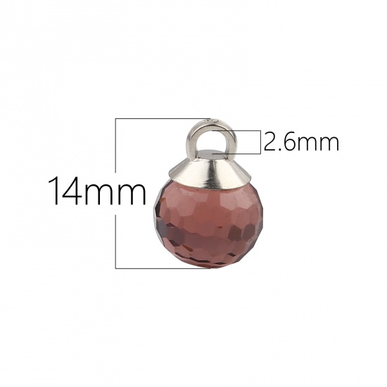Immagine di Lega di Zinco + Vetro Charms Palla Tono Argento Colore di Vino Rosso Sezione 14mm x 10mm, 5 Pz