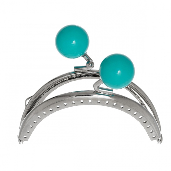 Picture of Iron Based Alloy Kiss Clasp Lock Purse Frame Arch Silver Tone Green Blue Acrylic Ball 8.6x7.5cm(3 3/8" x3"), Open Size: 14.5x8.6cm(5 6/8"x3 3/8"), 1 Piece