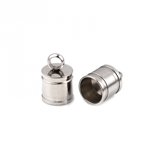 Picture of Stainless Steel Cord End Caps Cylinder Silver Tone Stripe (Fits 6mm Cord) 10mm x 7mm, 10 PCs