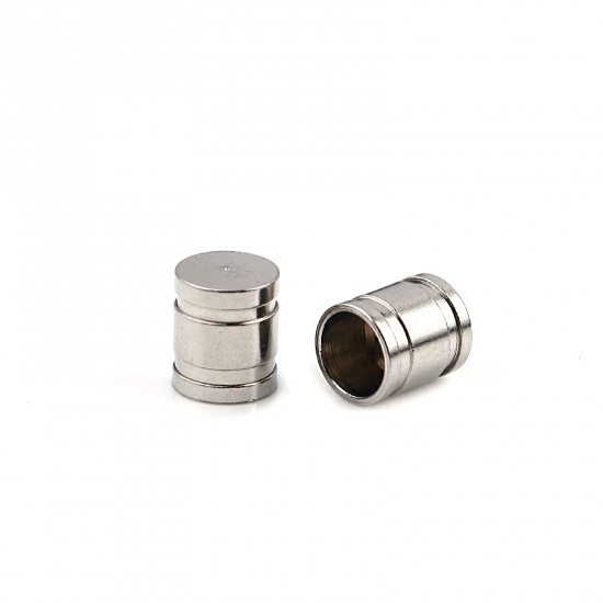 Picture of Stainless Steel Cord End Caps Cylinder Silver Tone Stripe (Fits 5mm Cord) 7mm x 6mm, 10 PCs