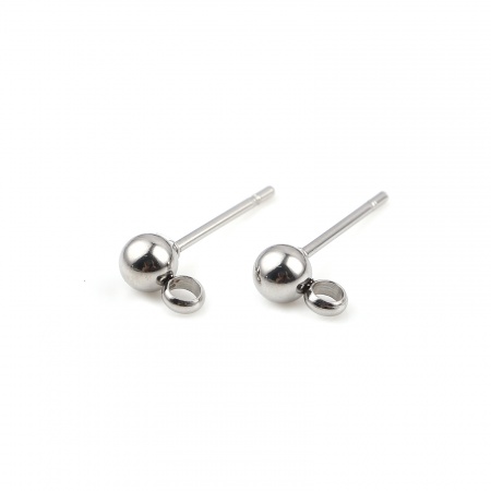 Picture of 304 Stainless Steel Ear Post Stud Earrings Ball Silver Tone With Loop 7mm x 4mm, Post/ Wire Size: (21 gauge), 10 PCs