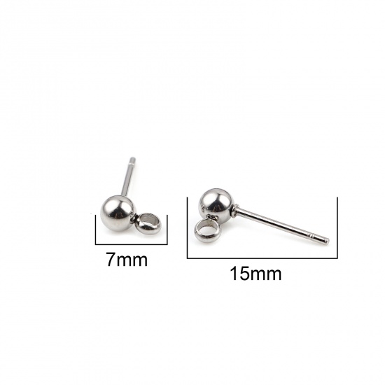 Picture of 304 Stainless Steel Ear Post Stud Earrings Ball Silver Tone With Loop 7mm x 4mm, Post/ Wire Size: (21 gauge), 10 PCs