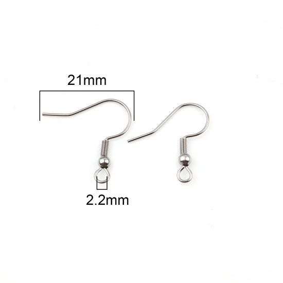 Picture of 304 Stainless Steel Ear Wire Hooks Earrings For DIY Jewelry Making Accessories Hook Silver Tone With Loop 21mm x 20mm, Post/ Wire Size: (21 gauge), 50 PCs