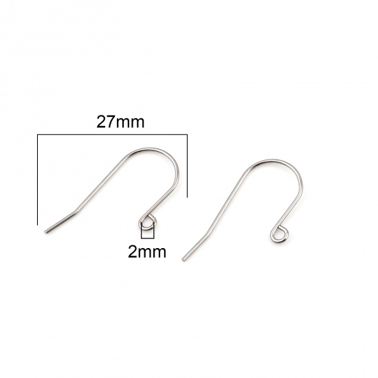 Picture of 304 Stainless Steel Ear Wire Hooks Earrings For DIY Jewelry Making Accessories n-shape Silver Tone With Loop 27mm x 14mm, Post/ Wire Size: (21 gauge), 50 PCs
