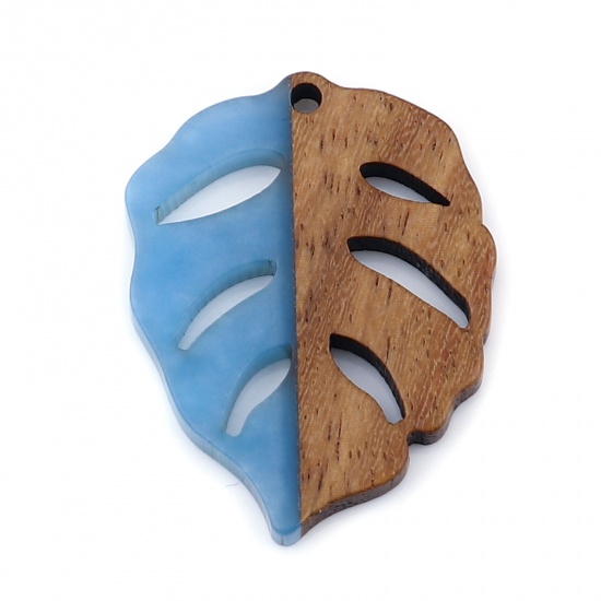 Picture of Resin & Wood Wood Effect Resin Pendants Leaf Blue 3.7cm x 2.8cm, 3 PCs