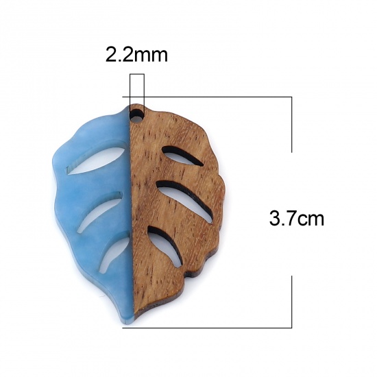 レジン+ウッド 木目調樹脂 ペンダント 葉 青 3.7cm x 2.8cm、 3 個 の画像