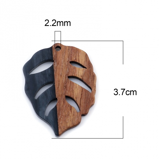 Picture of Resin & Wood Wood Effect Resin Pendants Leaf Gray Black 3.7cm x 2.8cm, 3 PCs