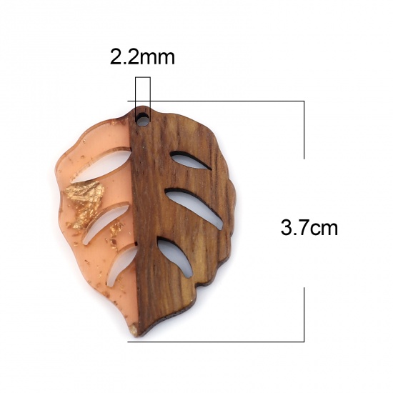 Picture of Resin & Wood Wood Effect Resin Pendants Leaf Orange Foil 3.7cm x 2.8cm, 3 PCs
