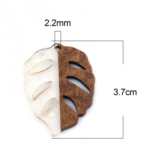 レジン+ウッド 木目調樹脂 ペンダント 葉 ナチュラル 箔 3.7cm x 2.8cm、 3 個 の画像