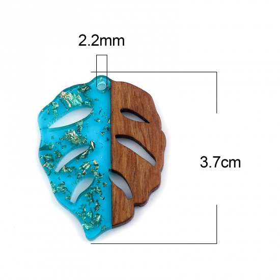 Picture of Resin & Wood Wood Effect Resin Pendants Leaf Peacock Blue Foil 3.7cm x 2.8cm, 3 PCs
