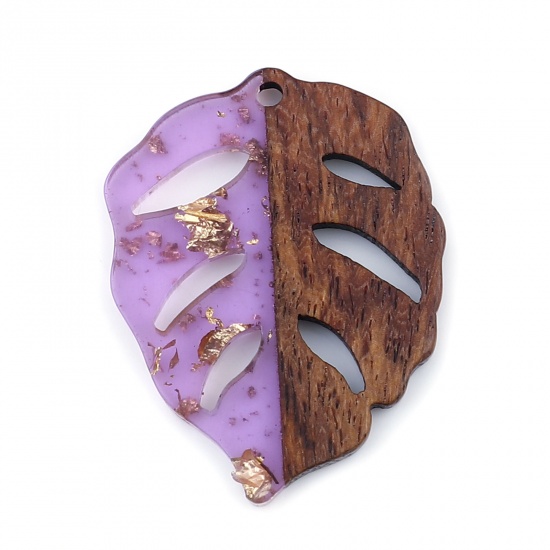 Picture of Resin & Wood Wood Effect Resin Pendants Leaf Purple Foil 3.7cm x 2.8cm, 3 PCs