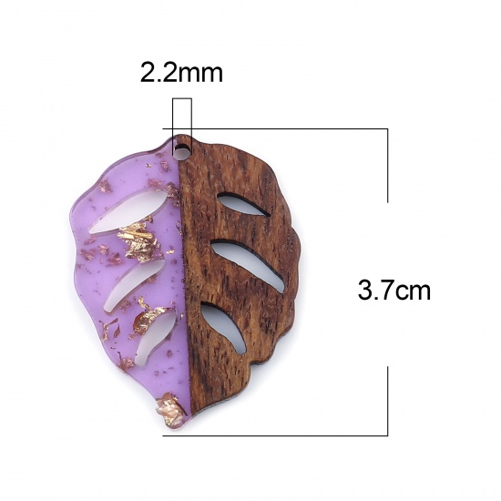 レジン+ウッド 木目調樹脂 ペンダント 葉 紫 箔 3.7cm x 2.8cm、 3 個 の画像