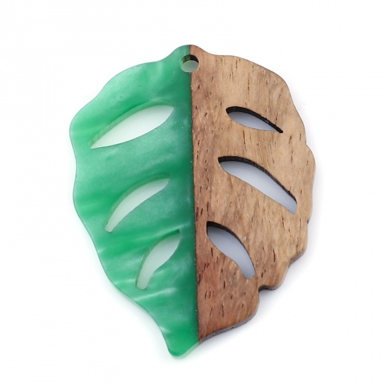 レジン+ウッド 木目調樹脂 ペンダント 葉 緑 3.7cm x 2.8cm、 3 個 の画像