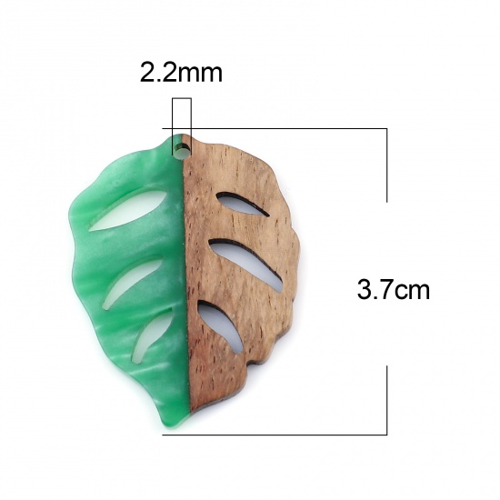 レジン+ウッド 木目調樹脂 ペンダント 葉 緑 3.7cm x 2.8cm、 3 個 の画像