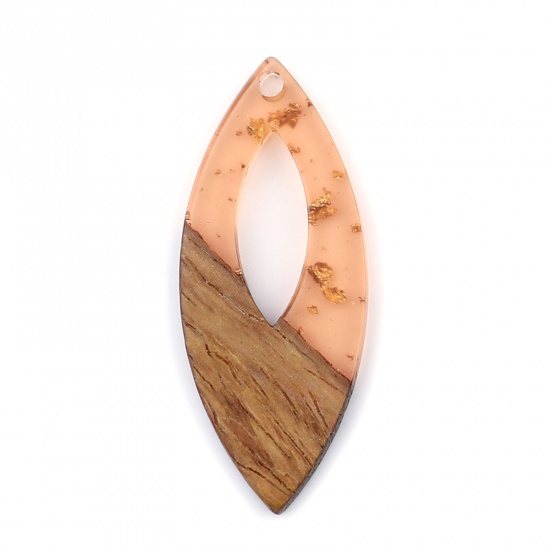 レジン+ウッド 木目調樹脂 ペンダント マーキス オレンジ色 箔 3.8cm x 1.6cm、 3 個 の画像