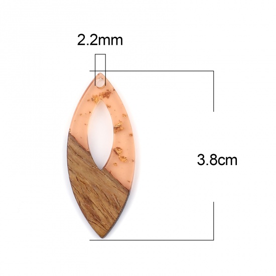 レジン+ウッド 木目調樹脂 ペンダント マーキス オレンジ色 箔 3.8cm x 1.6cm、 3 個 の画像