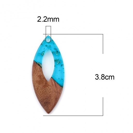 レジン+ウッド 木目調樹脂 ペンダント マーキス ピーコックブルー 箔 3.8cm x 1.6cm、 3 個 の画像