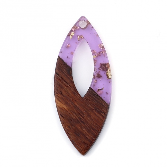 レジン+ウッド 木目調樹脂 ペンダント マーキス 紫 箔 3.8cm x 1.6cm、 3 個 の画像