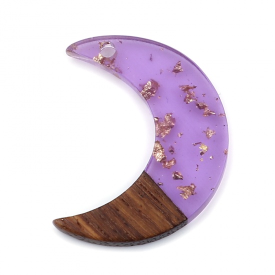 Picture of Resin & Wood Wood Effect Resin Charms Half Moon Purple Foil 28mm x 22mm, 3 PCs