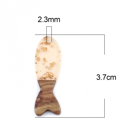 レジン+ウッド 木目調樹脂 ペンダント 魚 やまぶきいろ 箔 3.7cm x 1.2cm、 3 個 の画像